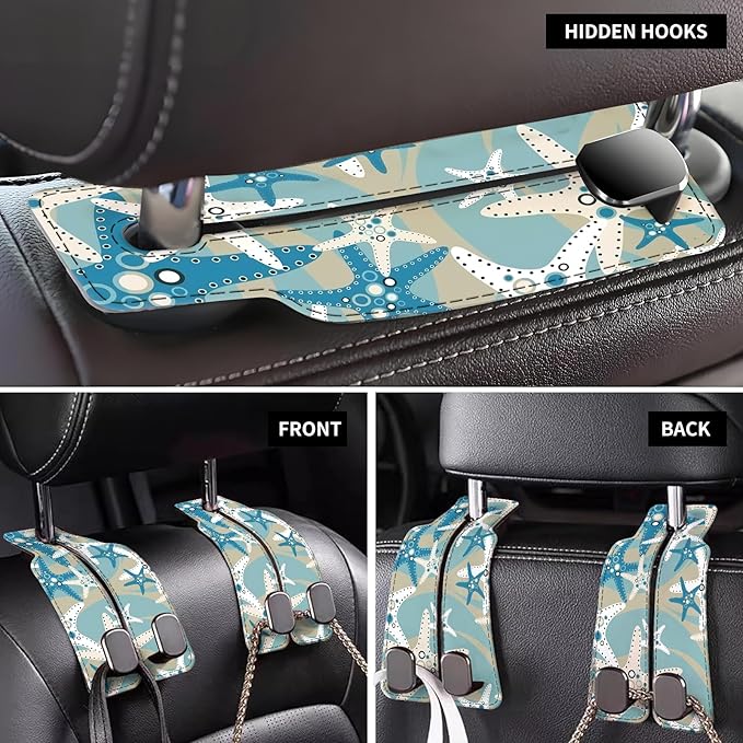 AXBSAKDI Car Seat Back Storage Headrest Hook, Premium Leather Double Metal Hook, Hanger Storage Organizer for Purse Cloth Bag, Car Interior Accessories Cute Blue Seastar