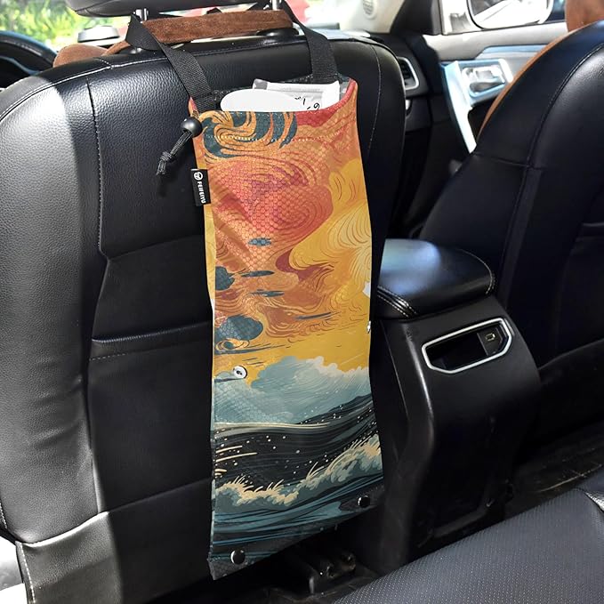 ALAZA Hanging Car Trash Bags Garbage Bag Trash Can for Back Seat Small Sun Wave Washable Storage Bag Retractable 2 Pack