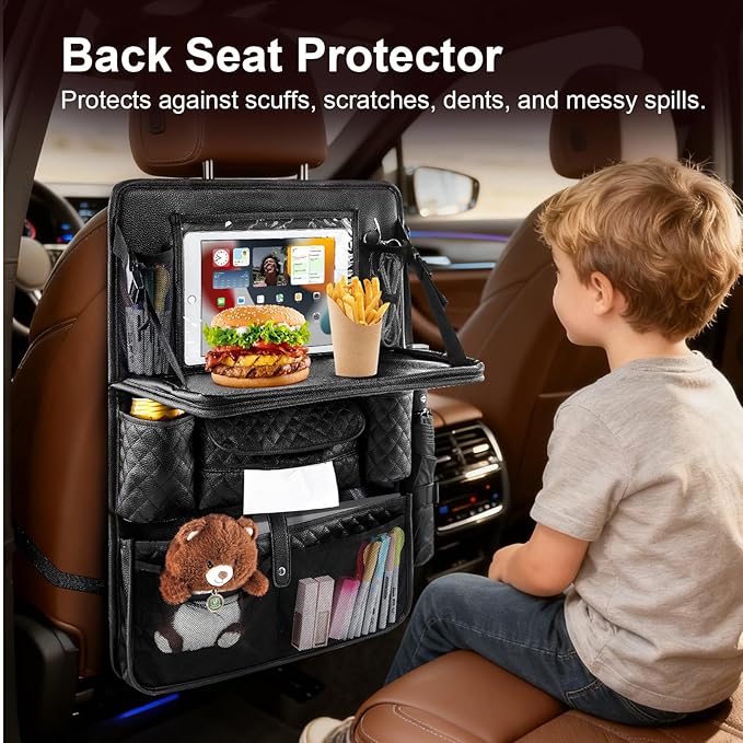 Rosynee Car Seat Organizer with Foldable Table Tray - 11 Storage Pockets PU Leather Backseat Organizer with Tablet Holder, Seat Back Protector Kick Mat for Kids Family Road Trip Accessories (Black)