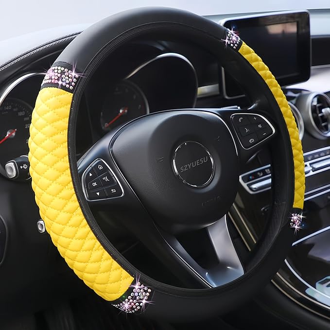 Bling Soft Leather Steering Wheel Cover 15 Inch with Sparkly Diamond Rhinestones for Women and Girls – Elastic Car Accessory for Most Cars (Yellow)