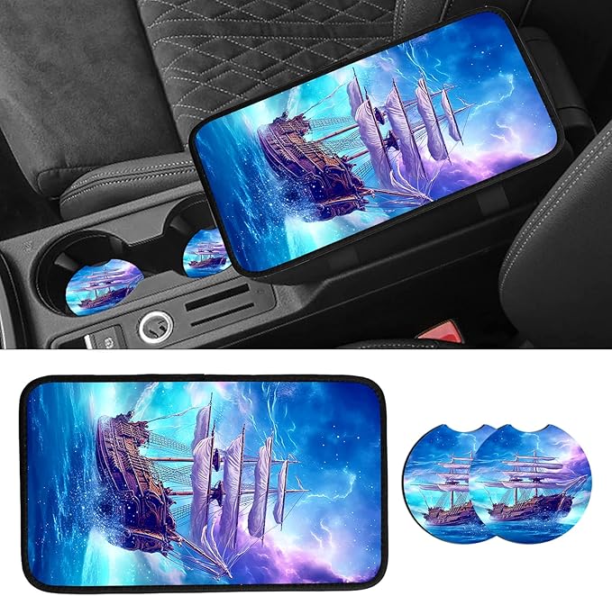 JANENFNA Car Armrest Cover Pads Universal Fashion Cute Auto Center Console Armrest Cover Pad with 2PCS Car Coasters Soft Waterproof Car Armrest Seat Protector for Women,Purple Ship