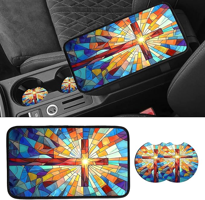 JANENFNA Car Armrest Cover Pads Universal Fashion Cute Auto Center Console Armrest Cover Pad with 2PCS Car Coasters Soft Waterproof Car Armrest Seat Protector for Women,Stained Glass Cross