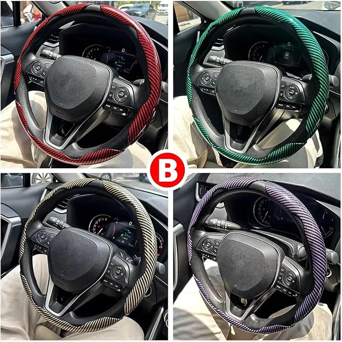3PCS Universal Car Steering Wheel Cover - Warm Winter 38cm Round Glossy Laser Carbon Fiber fit for Interior Accessories(3PCS Red)