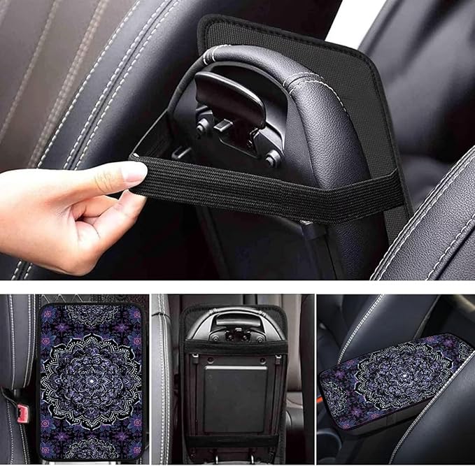 Boho Mandala Flower Print Car Center Console Armrest Cover Dust-Proof Universal Armrest Box Cover Center Console Pad for Truck Sedan SUV, Easy to Install, Purple