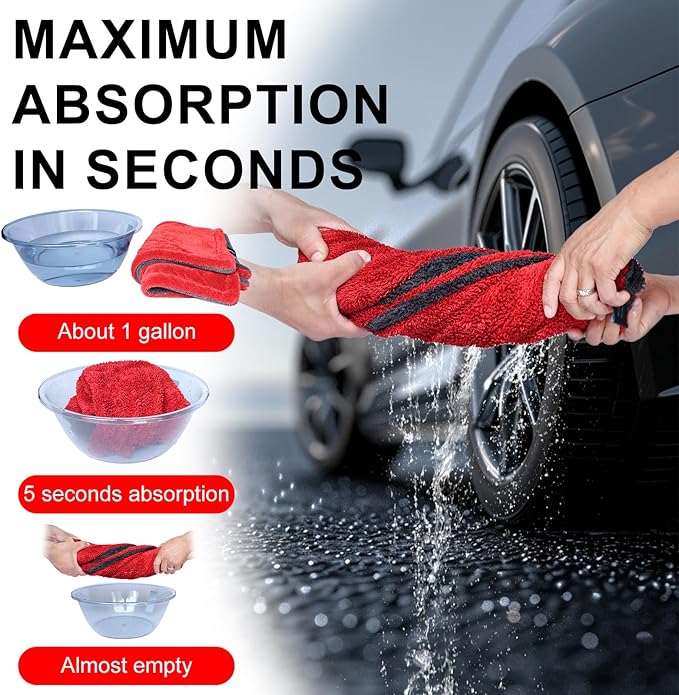 Singrune 2 Pack XL Car Drying Towel – 1300GSM Ultra Absorbent Microfiber, 24"x36" Large Size, Twisted Loop, Lint-Free & Streak-Free for Auto Detailing, Car, SUV, Truck(Gray-RED)