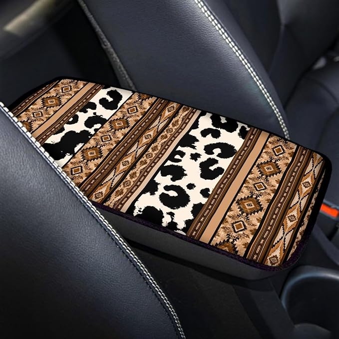 Browm Cow Aztec Auto Center Console Armrest Pad Dustproof Car Center Console Cover Seat Box Cover Cushion Aztec Car Accessories Decor for Sedan, Van, SUV, Truck