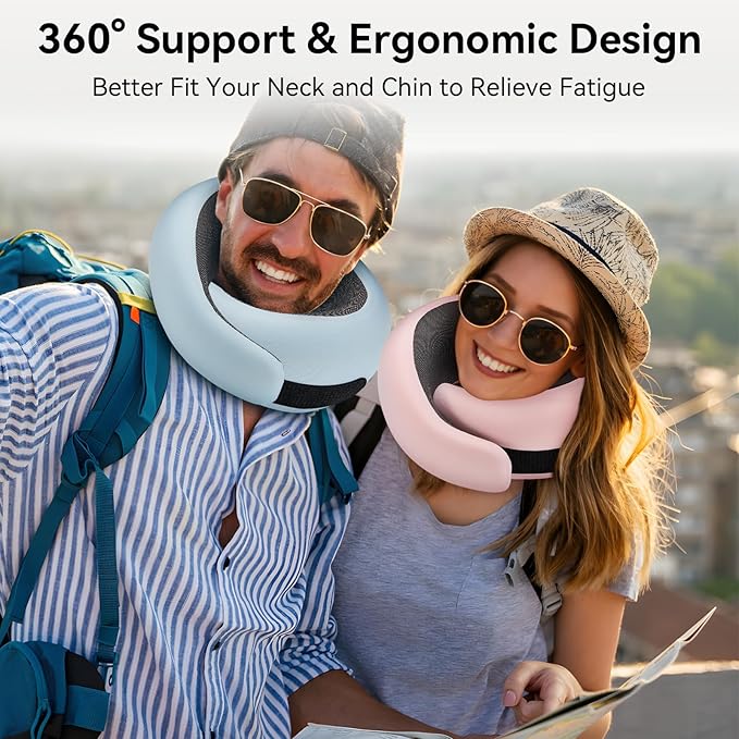 WANDER PLUS® Travel Pillow, 100% Pure Memory Foam Travel Neck Pillow Airplane Neck Support Ergonomic Design Best for Sleeping Plane Car Train Office Flight for Adults Sky Blue