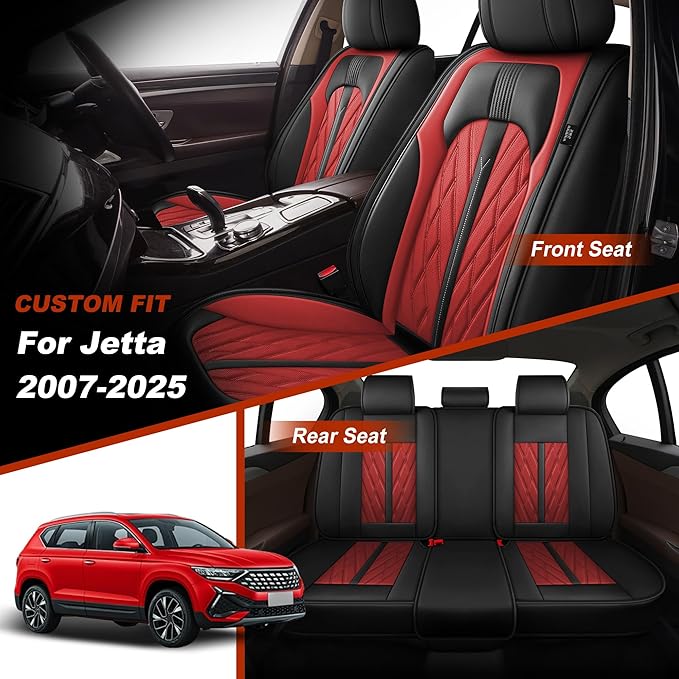 TTX LIGHTING Seat Covers Fit for VW/Volkswagen Jetta 2007-2025 Seat Covers Full Set Car Seat Covers Faux Leather Breathable Waterproof Car Seat Protector (5 Seats, Black&Red)