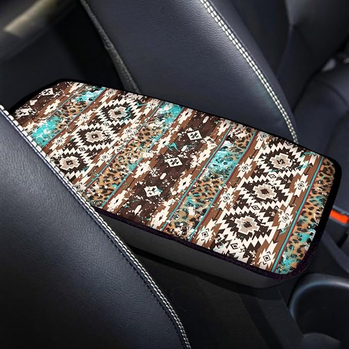 Brown Aztec Print Armrest Cover Pad for Car Soft Breathable Car Center Console Cushion Pad Dustproof Automotive Accessories Protect from Pet Claws, Sticky Fingers