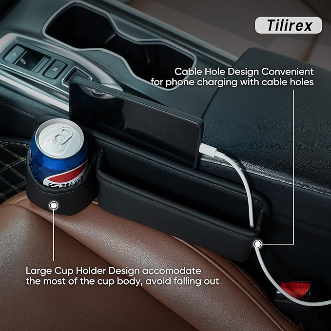 Tilirex Universal Car Seat Gap Filler Organizer, Premium Leather Car Seat Organizer, Seat Gap Storage Box with Cup Holder for Drink, Front Seat Gap Bag for Phone, Sunglasses,Keys, 2 Packs (Left+Right)