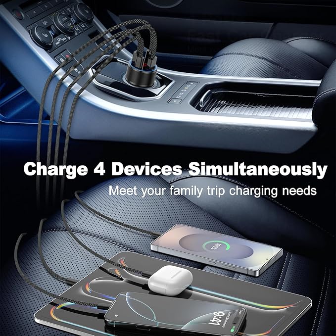 65W iPhone Car Charger Fast Charging, 2Pack 4 Port USB C Fast Car Charger+6ft Type C to C Cable, Dual USB-C&USB-A Cigarette Lighter Adapter with Voltmeter for iPhone 17 16 15 Pro Max,iPad,Galaxy,Pixel