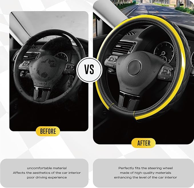 Road Comforts Leather Steering Wheel Cover – Black & Yellow, Universal Fit 14.5-15 Inch, Microfiber Leather, Anti-Slip & Breathable Design for Men and Women