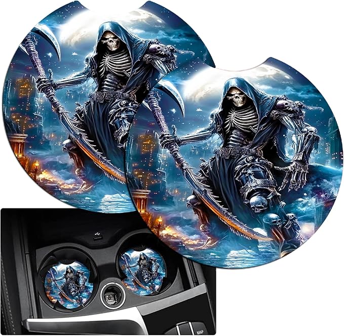 JANENFNA Car Armrest Cover Pads Universal Fashion Cute Auto Center Console Armrest Cover Pad with 2PCS Car Coasters Soft Waterproof Car Armrest Seat Protector for Women,Black Grim Reaper