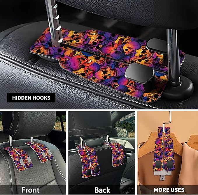 NUGGHU Car Seat Headrest Hook, Universal Leather Cute Hanger Holder Hook, Storage Organizer Interior Accessories for Purse Bags Handbag Luxury Purple Skulls