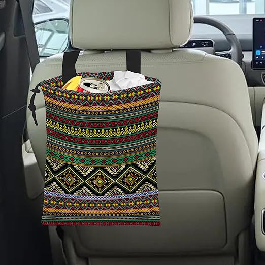 ghatobty Car Trash Bag Hanging Green Ethnic Style Car Trash Can Waterproof Garbage Bag Hanging for Car Back Seat