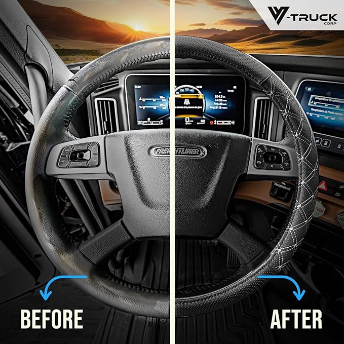 Steering Wheel Cover 18 inch Size Faux Leather Semi Truck, BLACK WITH GREY STITCHING