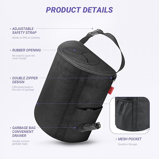 INFIVITA Car Trash Can – Premium Adjustable Strap & Bottom Hook Design with Convenient Top Opening and Bag Storage Pocket