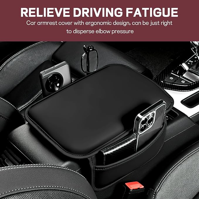 wuyaoyao Car Center Console Cover, Leather Memory Foam Armrest Cover Cushion with 2 Storage Bags, Universal Car Armrest Seat Box Pad Car Interior Accessories Protector for Most Vehicle (Black)
