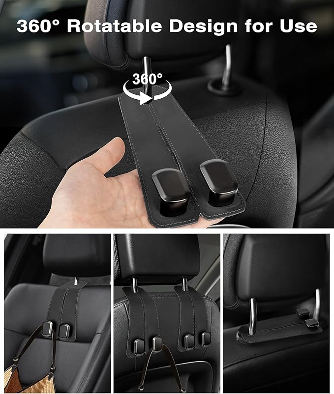 VETERBONE Car Hooks for Headrest, 2Pcs Seat Back Storage Hook Luxurious Leather 100% Metal Multifunctional Car Hanger & Holder for Heatrest, Seat, Bag, Purse (Black)