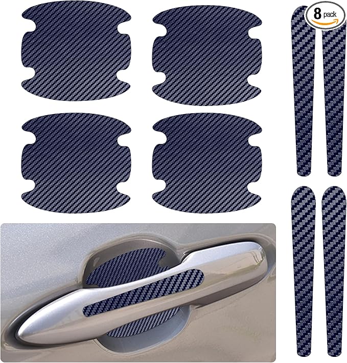 8PCS Car Door Handle Scratch Protector, Car Door Handle Sticker, Carbon Fiber Auto Doors Handles Paint Guard Cover, Waterproof Auto Paint Guard Protective Films Fit for Most Vehicles (Blue)