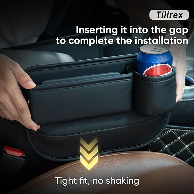 Tilirex Universal Car Seat Gap Filler Organizer, Premium Leather Car Seat Organizer, Seat Gap Storage Box with Cup Holder for Drink, Front Seat Gap Bag for Phone, Sunglasses,Keys, 2 Packs (Left+Right)