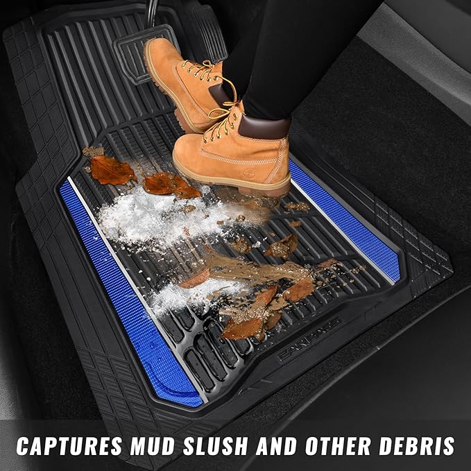 CAR PASS Heavy Duty Rubber Car Floor Mats, Deep Waterproof Car Floor Mats All Weather, Aluminum Film Floor Mats for Cars Non-Slip Universal Trim to Fit for SUVs Trucks Sedans Vans, Black Blue Metallic