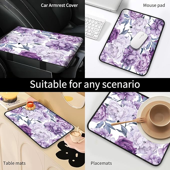 Car Center Console Cover, Universal Soft Large Neoprene Auto Armrest Seat Box Cover, Funny Car Decor Accessories Fit for Most Cars, Vehicles, SUVs Cute Purple Floral