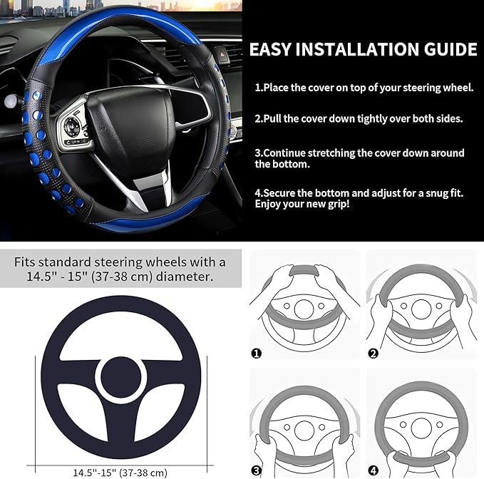 QCYP PU Leather Car Steering Wheel Cover with Anti-Slip Grip, for Women and Men, Universal Fit for 14.5-15 Inch Cars, Trucks, SUVs (Blue (Round), Medium(Standard) Size[14 1/2''-15''])