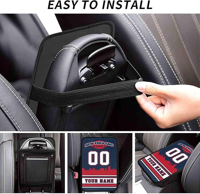 Custom New England Car Armrest Covers Personalized Football Style with Name Number Customized Auto Center Console Pad Car Handrail Box Cushion for Most Vehicle Decor Accessories, Fans Gift