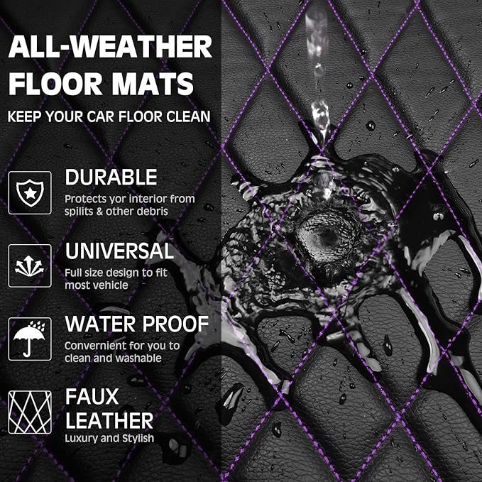 CAR PASS Faux Leather Floor Mats for Cars, Luxury Waterproof All Weather Car Mats Full Set, Anti-Slip Deluxe Automotive Mats Universal Fit for Most SUV Vans Sedans Trucks, 4 Piece Black and Purple