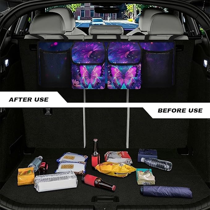 CLOHOMIN Purple Butterfly Car Trunk Organizer Sunflower Car Storage Organizer for SUV Truck Sedan Easy to Install Car Trunk Tool Organizer with 4 Pockets Replacement Car Storage Accessories