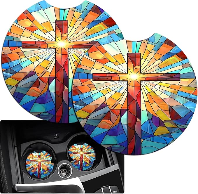 JANENFNA Car Armrest Cover Pads Universal Fashion Cute Auto Center Console Armrest Cover Pad with 2PCS Car Coasters Soft Waterproof Car Armrest Seat Protector for Women,Stained Glass Cross