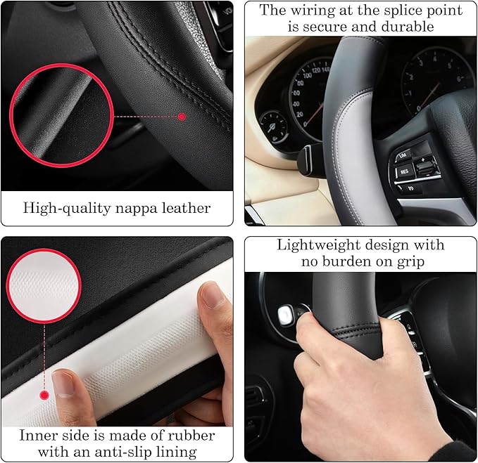 Gray Car Steering Wheel Cover, Nappa Leather, Bottom Color Blocking, Universal 14.5-15 Inch Leather Anti-Slip Breathable Auto Steering Wheel Covers for Men Women