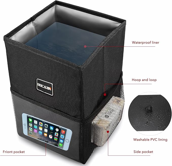 Car Trash Can with Lid - Trash Bag Hanging with Storage Pockets Leak-Proof SUV Organizer Collapsible and Portable Waterproof Truck Garbage Bin, 2.6 Gal Large Capacity Multipurpose Trash Bin for Van