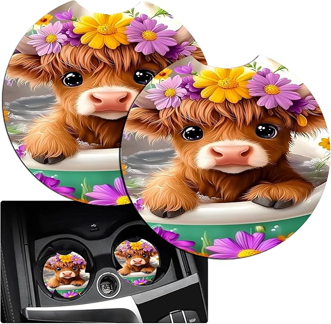 JANENFNA Car Armrest Cover Pads Universal Fashion Cute Auto Center Console Armrest Cover Pad with 2PCS Car Coasters Soft Waterproof Car Armrest Seat Protector for Women,Cow in Flower Bath
