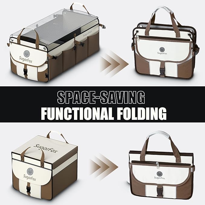 SugarFox Car Trunk Organizer for SUV - 63L+26L Modular Storage, Heavy-Duty, Foldable Waterproof, Soft & Hard Covers, Non-Slip, Multi-Compartment, Brown M006