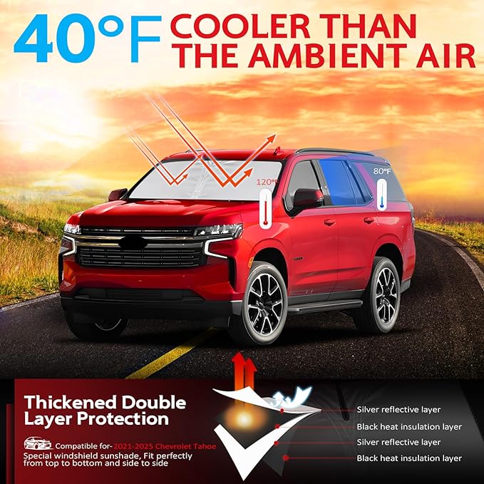 KAYZT Windshield Sun Shade for 2021-2025 2026 Che-vrolet/Chevy Tahoe Foldable Sunshade Front Window Custom Fit Car Accessories