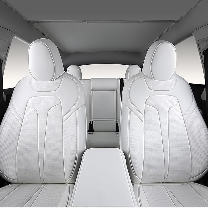 OURPLOT Custom Fit Seat Covers for 2020-2024 Tesla Model Y (5-Seater), Waterproof Nappa Leather, OEM Factory Style Full Set Car Seat Protectors Airbag Compatible - White