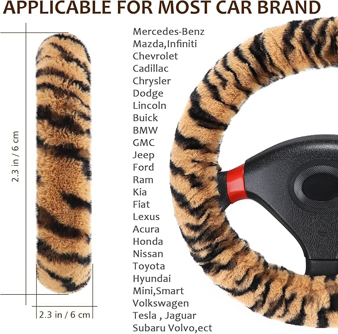 Accmor Fluffy Car Steering Wheel Cover, Universal Fuzzy Auto Wheel Cover & Handbrake Cover & Gear Shift Cover Set, Anti-Slip Tiger Stripe Warm Fur Vehicle Wheel Protector Car Accessories for Men Women