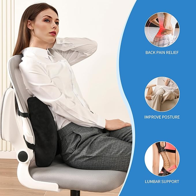 Zickskt Lumbar Support Pillow for Office Chair - Memory Foam Back Cushion for Chair, Car, Couch - Lumbar Pillow Promotes Better Posture, Back Pain Relief with Adjustable Strap & Non-Slip