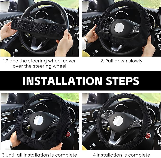 Elastic Stretch Car Steering Wheel Cover, Comfortable Steering Wheel Cover Universal for 14.5-15 Inch, Warm in Winter & Cool in Summer, Anti-Slip Breathable Ice Silk (Beige)