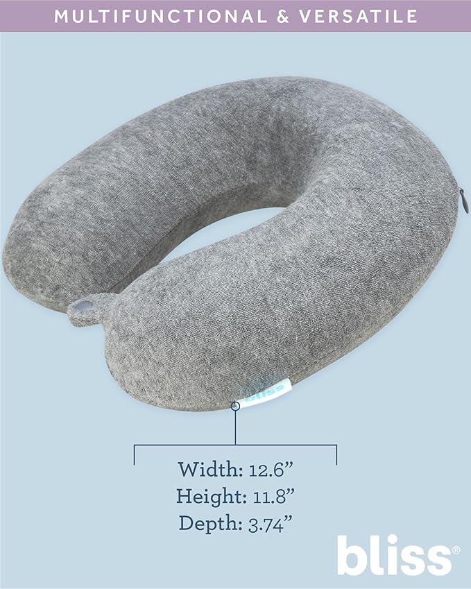Bliss Neck Pillow - Lightweight U-Shaped Memory Foam Travel Neck Pillow with Snap Closure for Airplanes, Traveling, Offices, Cars, Grey Terry
