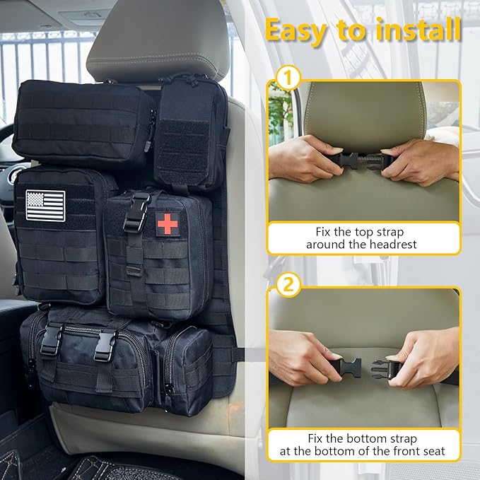 Universal Tactical Car Seat Back Organizer Bag Tactical Molle Vehicle Organizers Panel Gear Accessories with 5 Different Size Molle Pouches for Car Truck Ford Jeep Vehicle (A style-Black)