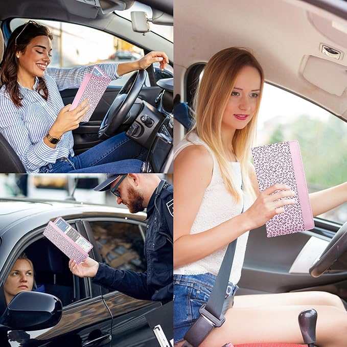 FinestHouse Car Registration and Insurance Holder with Magnetic Closure, Universal Document Organizer for License, Insurance Cards & Glove Box Storage (Leopard-Pink)