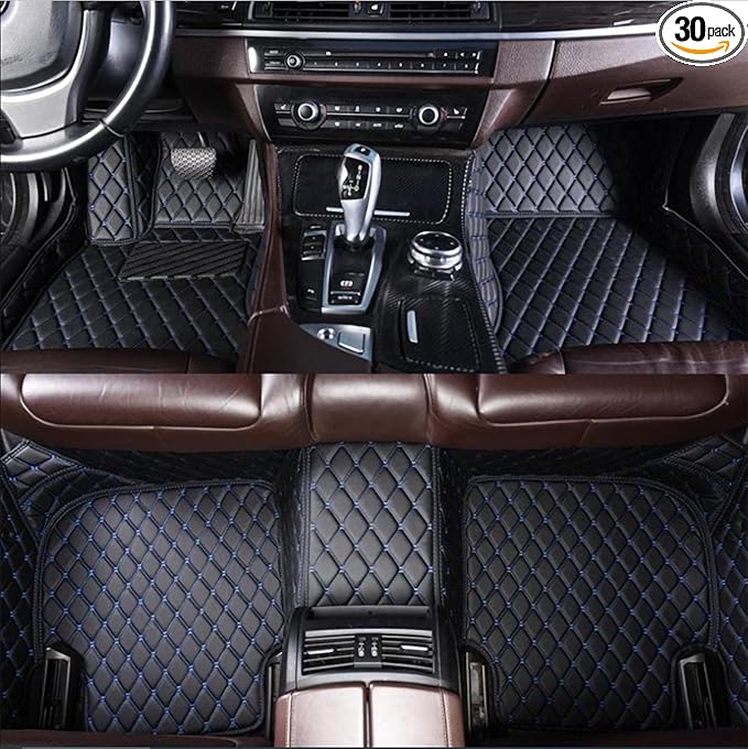 Custom Luxury Leather Car Mats Upgrade Your Car Interior Provide All-Weather Waterproof and Non-Slip Protection for Sedans, SUVs, Trucks, Compatible with Car Mats (Black Blue)