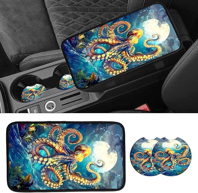 JANENFNA Car Armrest Cover Pads Universal Fashion Cute Auto Center Console Armrest Cover Pad with 2PCS Car Coasters Soft Waterproof Car Armrest Seat Protector for Women,Fierce Octopus