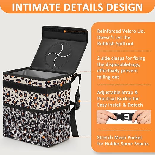 Vankor 3 Gallons Cute Car Trash Can, Car Accessories for Interior Leak Proof Can Trash Bag Hanging Waterproof Automotive Vehicle Garbage Cans Leopard Print Pattern