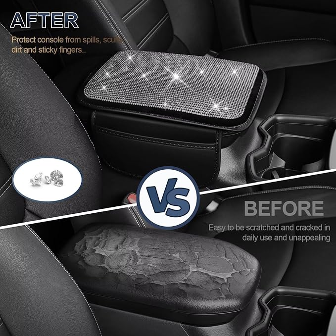 YORKNEIC Center Console Cover Fit for Lincoln Corsair Bling Car Armrest Cover Crystal Rhinestone Armrest Cushion for Car Console with 2 Storage Bags - Diamond Armrest Cover