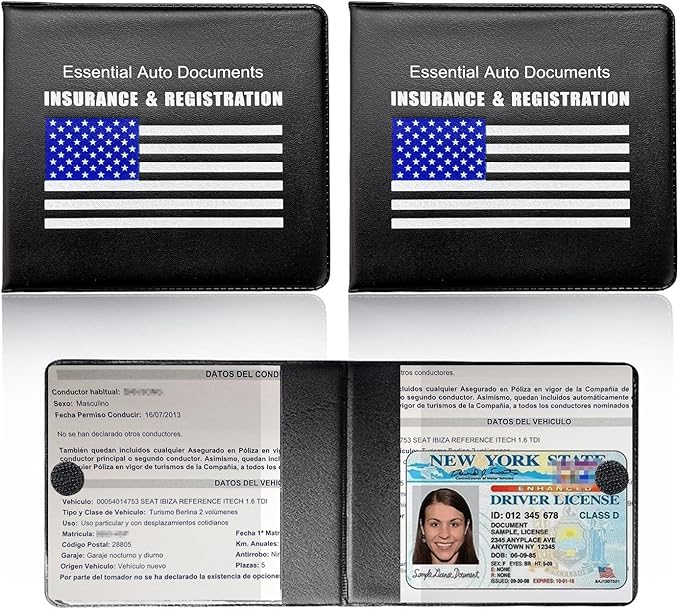 Ziciner Car Registration Insurance Holder, 2Pack Essential Auto Card Document Glove Box Organizer with Touch Fastener, Vehicle Interior Accessories Perfect for Most Car, Truck, SUV (Black/Blue Flag)