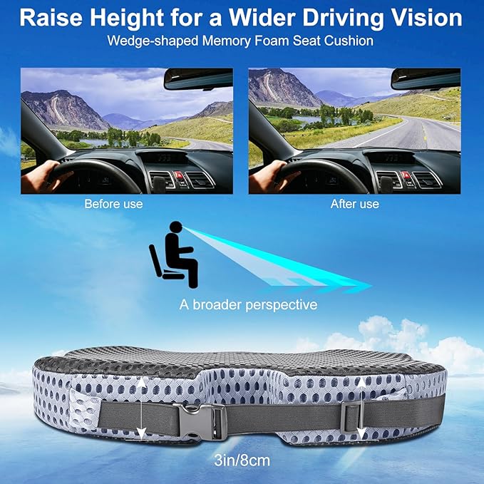Premium Car Seat Cushion for Enhanced Comfort - 100% Polyurethane Wedge-Shaped Memory Foam Design, Improves Driving Visibility & Relieves Sciatica and Coccyx Pain.
